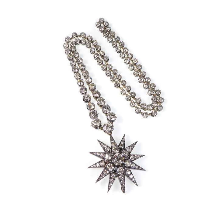 Graduated diamond long riviere necklace, together with a diamond star cluster pendant-brooch